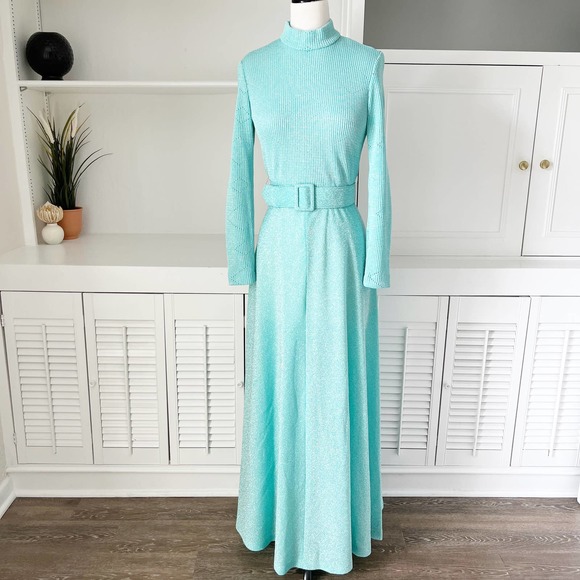 Hy-Ten Dresses & Skirts - Vintage Hy-Ten Metallic Shimmer Turquoise Belted Maxi Dress Size S